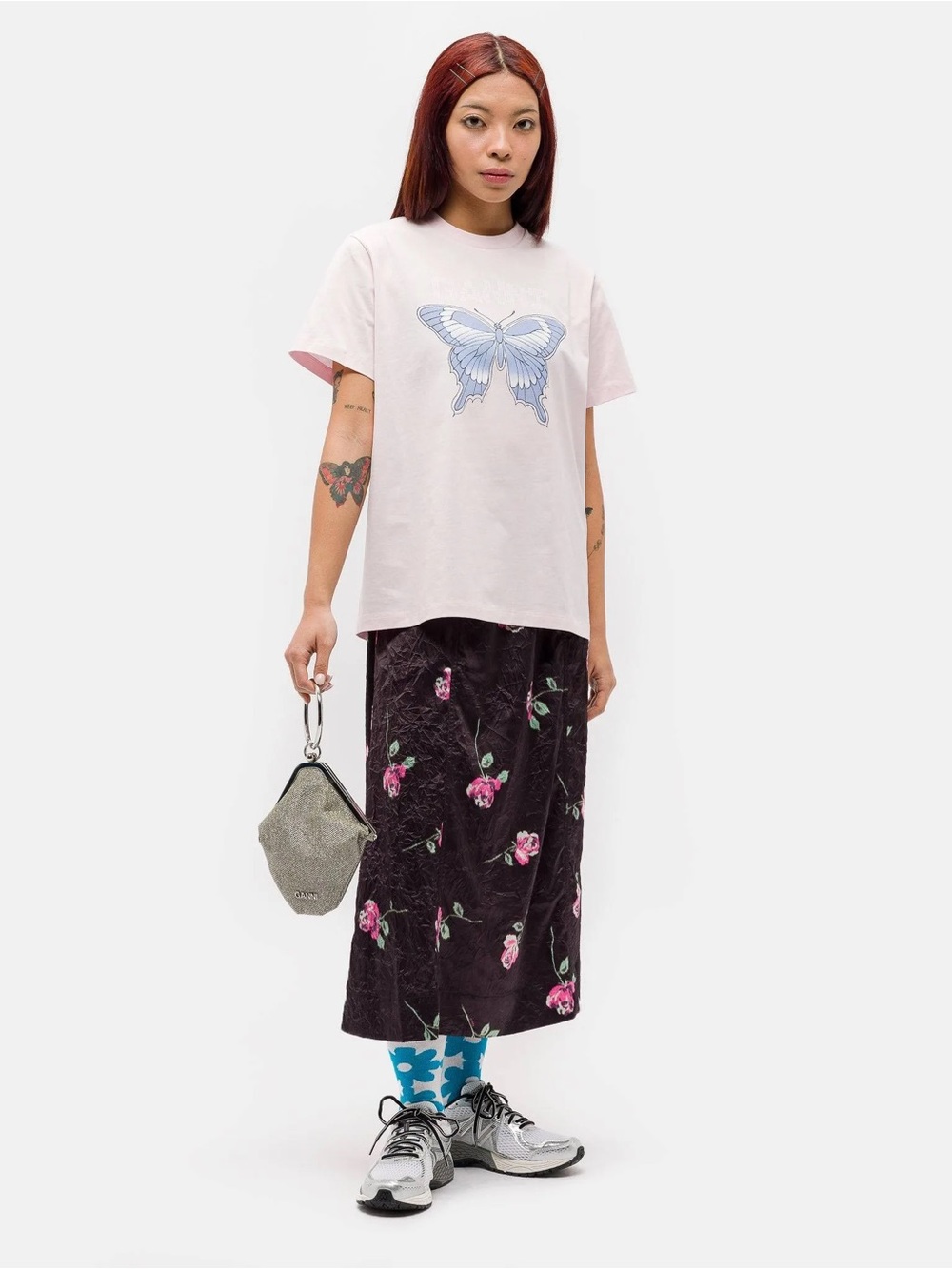 GANNI BUTTERFLY T-SHIRT - PINK Size Small